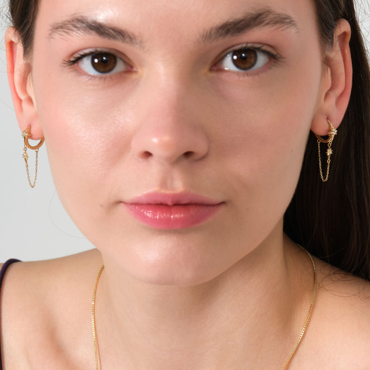 North Star Hoop Earrings 14K Solid Gold