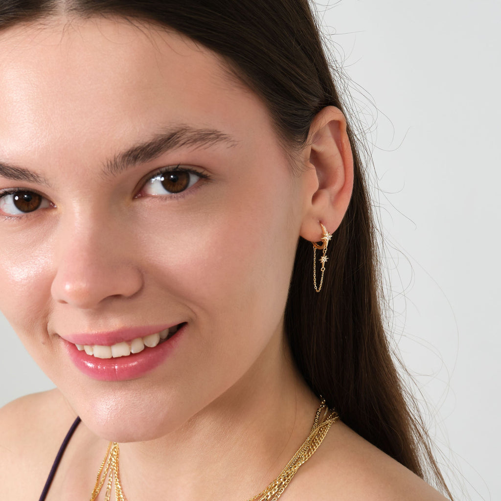 North Star Hoop Earrings 14K Solid Gold