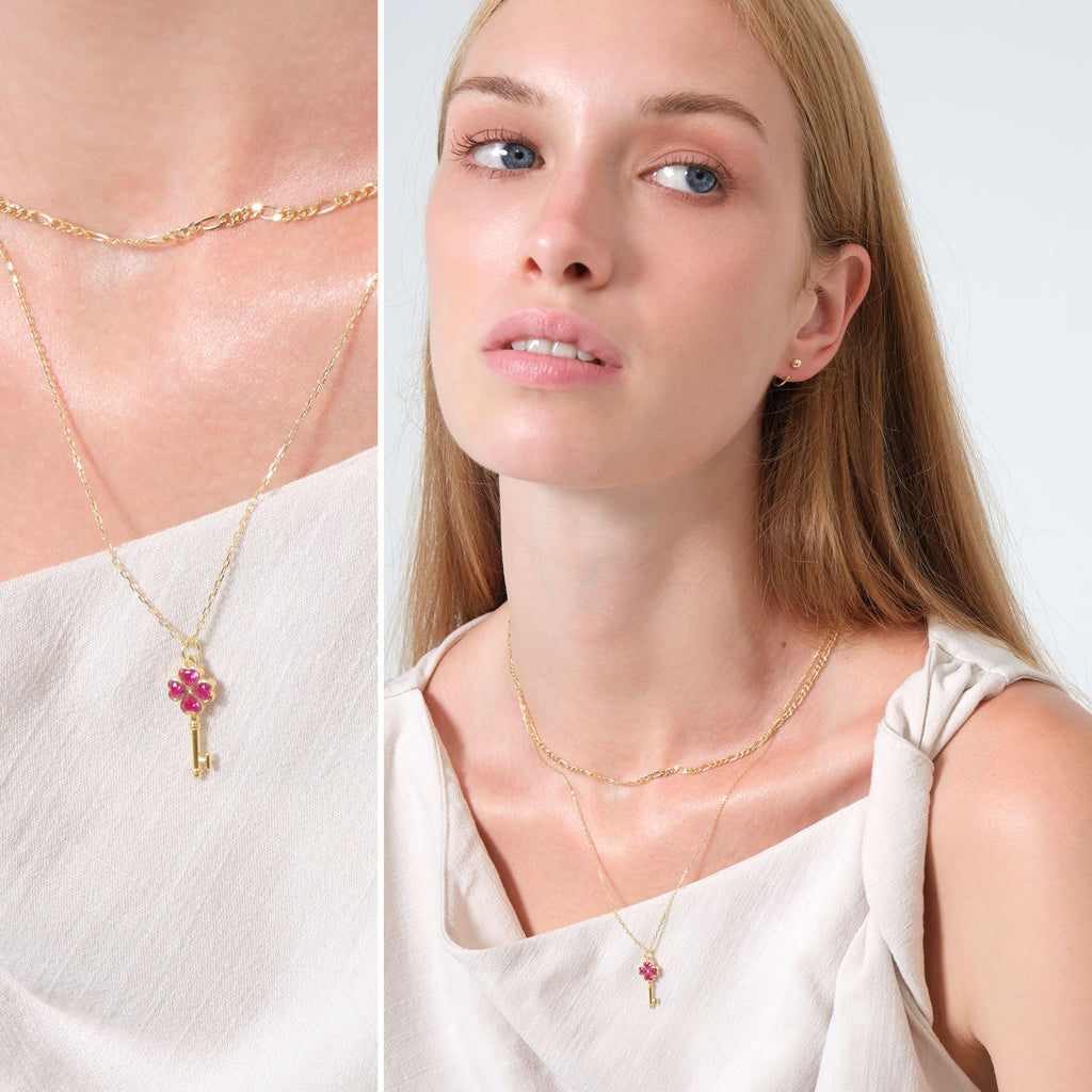 Tiny Red Pavé Key Necklace Solid Gold