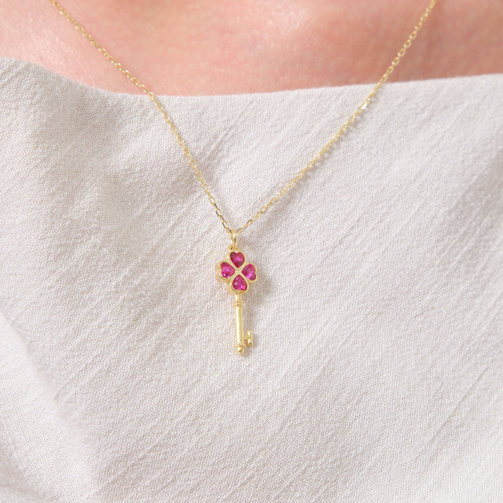 Tiny Red Pavé Key Necklace Solid Gold