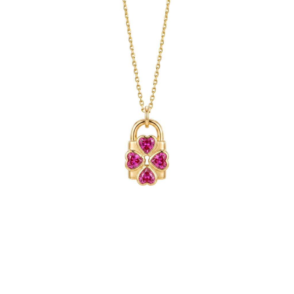 Pink Clover Lock Necklace Solid Gold