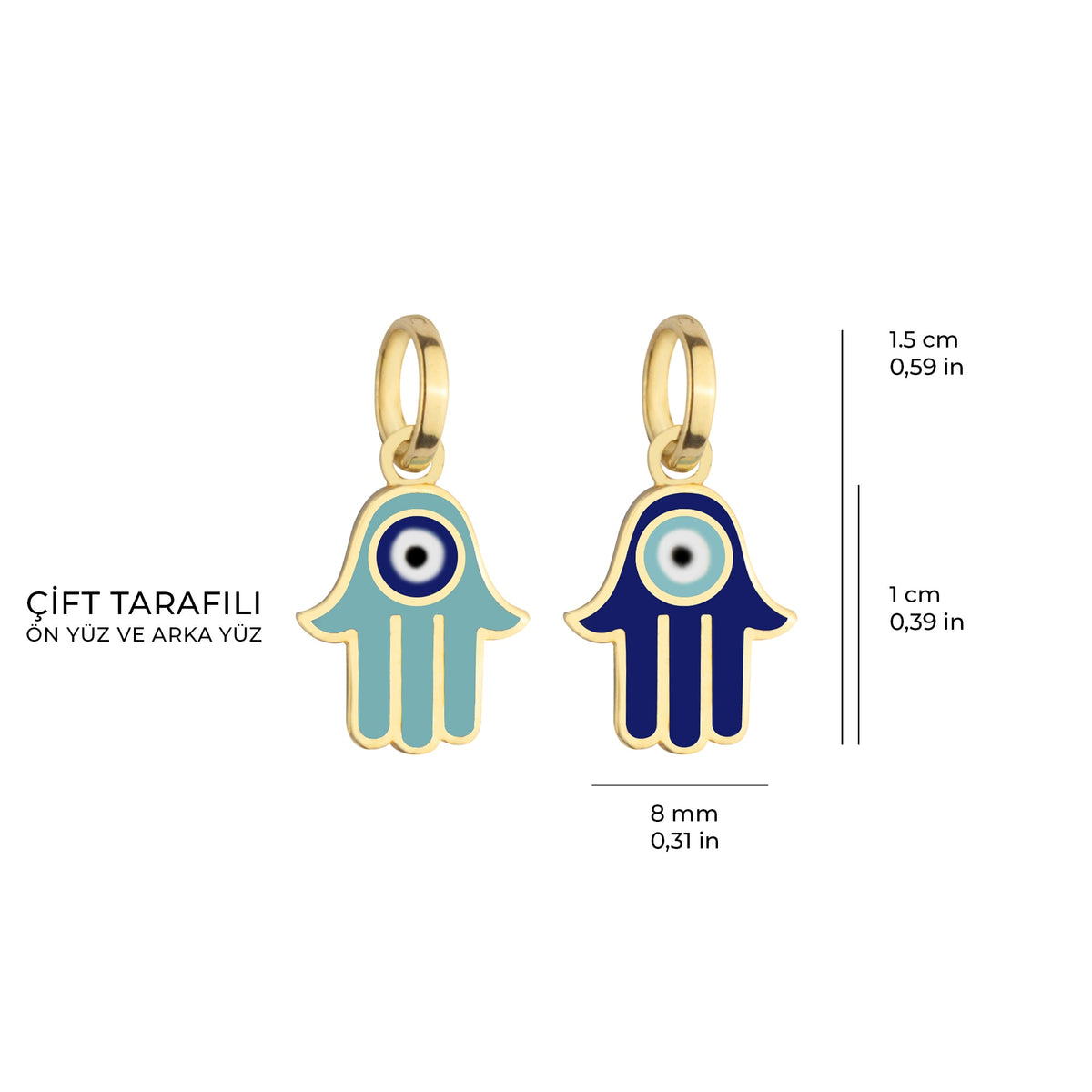 Double Sided Enamel Evil Eye Hamsa Charm Solid Gold