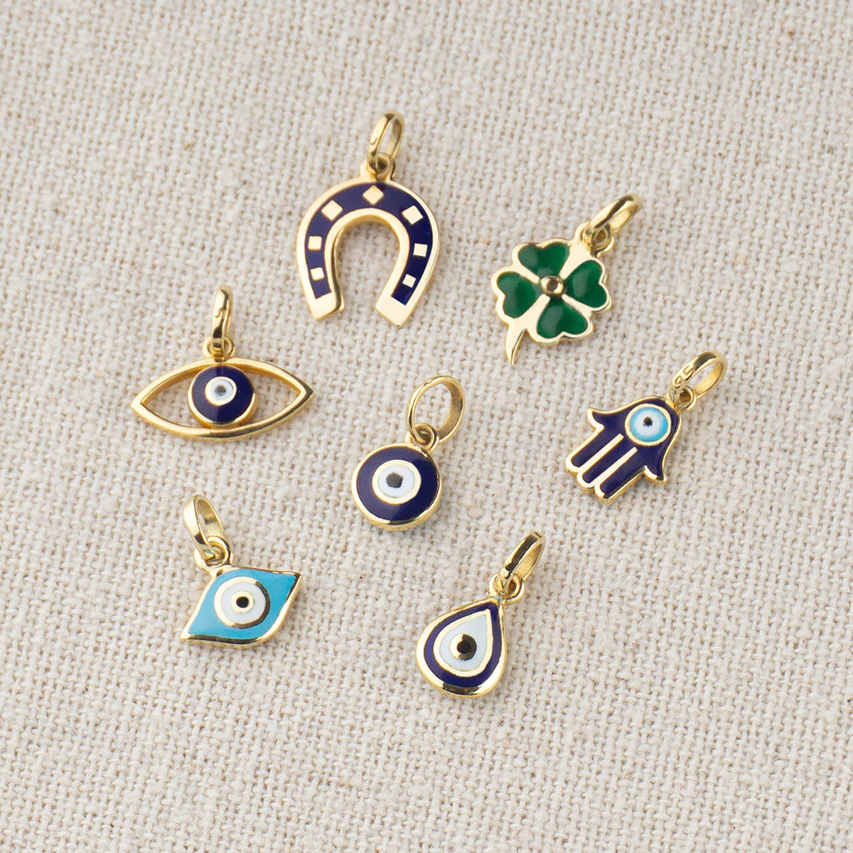 Double Sided Enamel Evil Eye Hamsa Charm Solid Gold